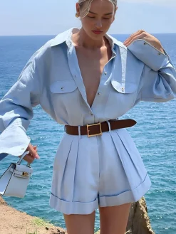 COMMENSE Long Sleeve Collared Pleated Shorts Set* Shorts Sets|Shorts