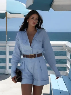 COMMENSE Long Sleeve Collared Pleated Shorts Set* Shorts Sets|Shorts