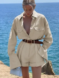 COMMENSE Long Sleeve Collared Pleated Shorts Set* Shorts Sets|Shorts