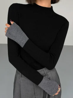 COMMENSE Long Sleeve Contrast Cuff Knit Top* Sweater Tops|Sweaters & Cardigans