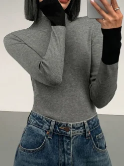COMMENSE Long Sleeve Contrast Cuff Knit Top* Sweater Tops|Sweaters & Cardigans