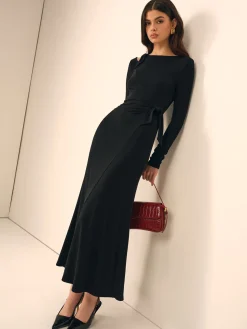 COMMENSE Long Sleeve Knotted Slim Dress* Black Dresses|Casual Dresses