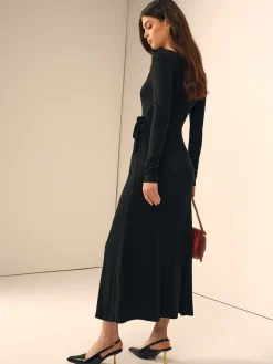 COMMENSE Long Sleeve Knotted Slim Dress* Black Dresses|Casual Dresses