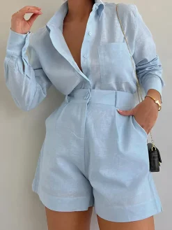 COMMENSE Long Sleeve Loose Shorts Set* Shorts Sets|Shorts