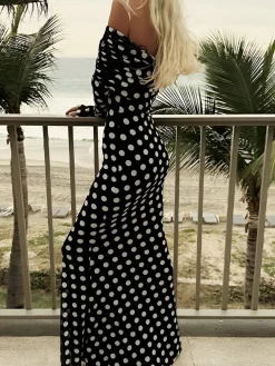 COMMENSE Long Sleeve Off-Shoulder Polka Dot Print Long Dress* Black Dresses|Cocktail & Party Dresses