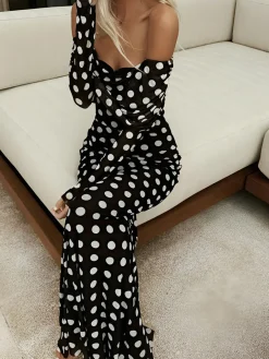 COMMENSE Long Sleeve Off-Shoulder Polka Dot Print Long Dress* Black Dresses|Cocktail & Party Dresses