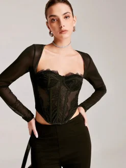 COMMENSE Long Sleeve Sweetheart Lace Corset* Corset Tops|Tops