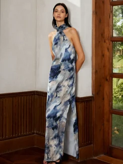 COMMENSE Love Era Tie Dye Satin Halter Long Dress* Cocktail & Party Dresses|Summer Dresses