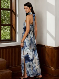 COMMENSE Love Era Tie Dye Satin Halter Long Dress* Cocktail & Party Dresses|Summer Dresses