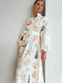 COMMENSE Marine Life Print Button-Front Belted Long Dress* White Dresses|Casual Dresses