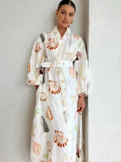 COMMENSE Marine Life Print Button-Front Belted Long Dress* White Dresses|Casual Dresses