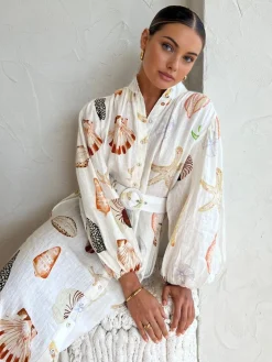 COMMENSE Marine Life Print Button-Front Belted Long Dress* White Dresses|Casual Dresses