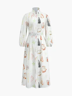 COMMENSE Marine Life Print Button-Front Belted Long Dress* White Dresses|Casual Dresses