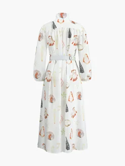COMMENSE Marine Life Print Button-Front Belted Long Dress* White Dresses|Casual Dresses