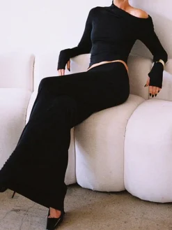 COMMENSE Matte Jersey One Shoulder Off Maxi Skirt Set* Skirt Sets|Long Sleeve Sets