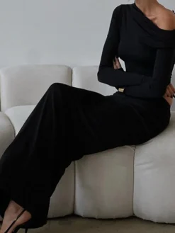 COMMENSE Matte Jersey One Shoulder Off Maxi Skirt Set* Skirt Sets|Long Sleeve Sets
