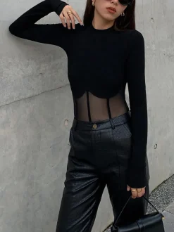 COMMENSE Mesh Combination Corset Long Sleeve Top* Sweater Tops|T-shirts