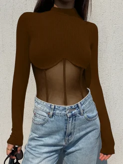 COMMENSE Mesh Combination Corset Long Sleeve Top* Sweater Tops|T-shirts