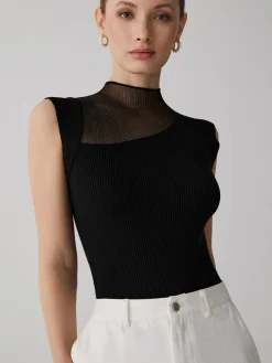 COMMENSE Mesh Patchwork Sleeveless Top* Sweater Tops|Sweaters & Cardigans