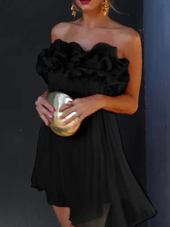 COMMENSE Mesh Rosette Tube Pleat Short Dress* Black Dresses|Cocktail & Party Dresses