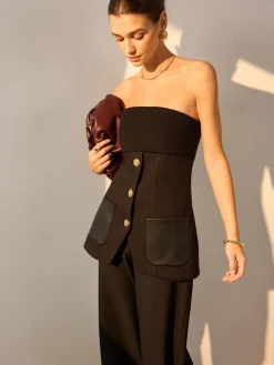 COMMENSE Metal Button Pockets Slit Tube Top* Tank Tops & Camis|Tops