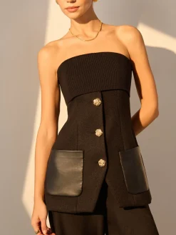 COMMENSE Metal Button Pockets Slit Tube Top* Tank Tops & Camis|Tops