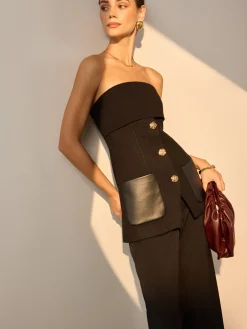 COMMENSE Metal Button Pockets Slit Tube Top* Tank Tops & Camis|Tops