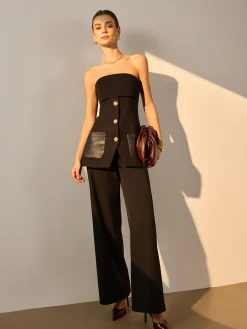 COMMENSE Metal Button Pockets Slit Tube Top* Tank Tops & Camis|Tops