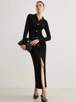 COMMENSE Metal Button-Down Split Lapel Dress* Black Dresses|Casual Dresses