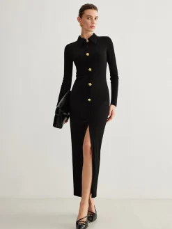 COMMENSE Metal Button-Down Split Lapel Dress* Black Dresses|Casual Dresses