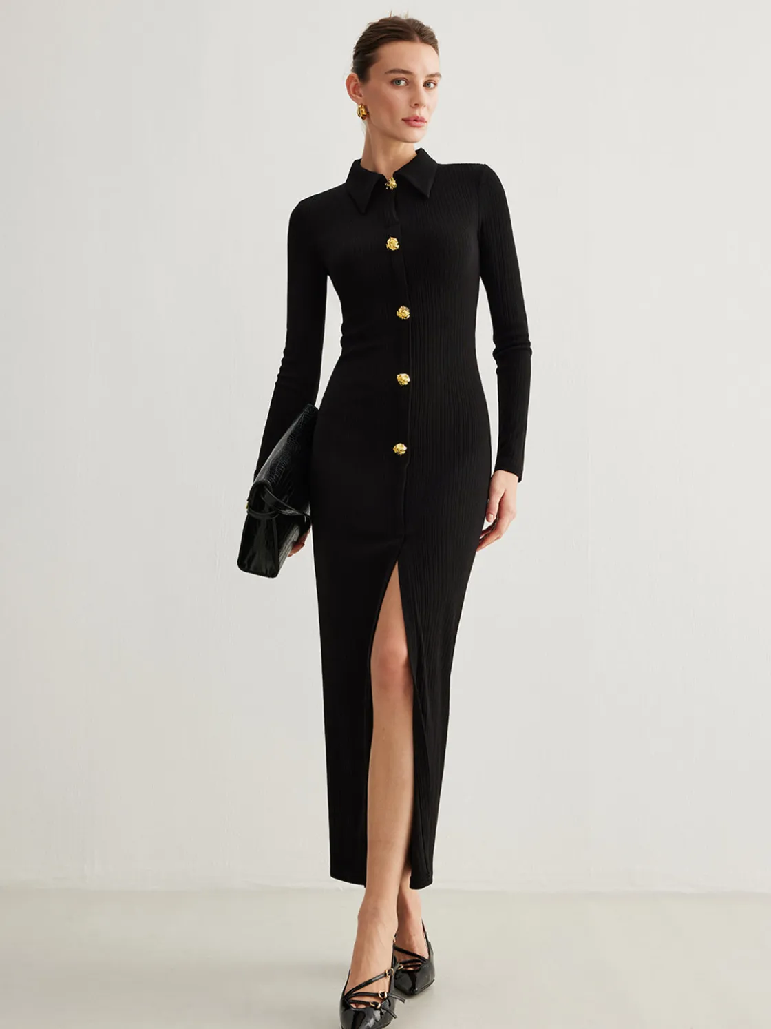 COMMENSE Metal Button-Down Split Lapel Dress* Black Dresses|Casual Dresses