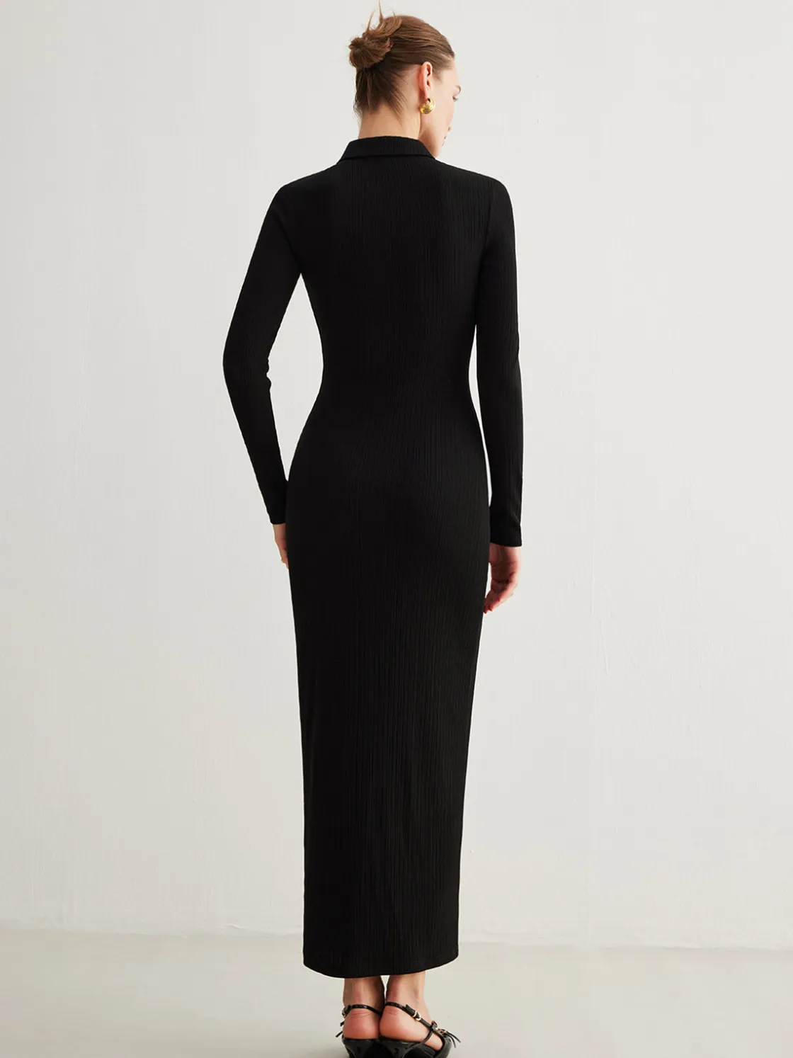 COMMENSE Metal Button-Down Split Lapel Dress* Black Dresses|Casual Dresses