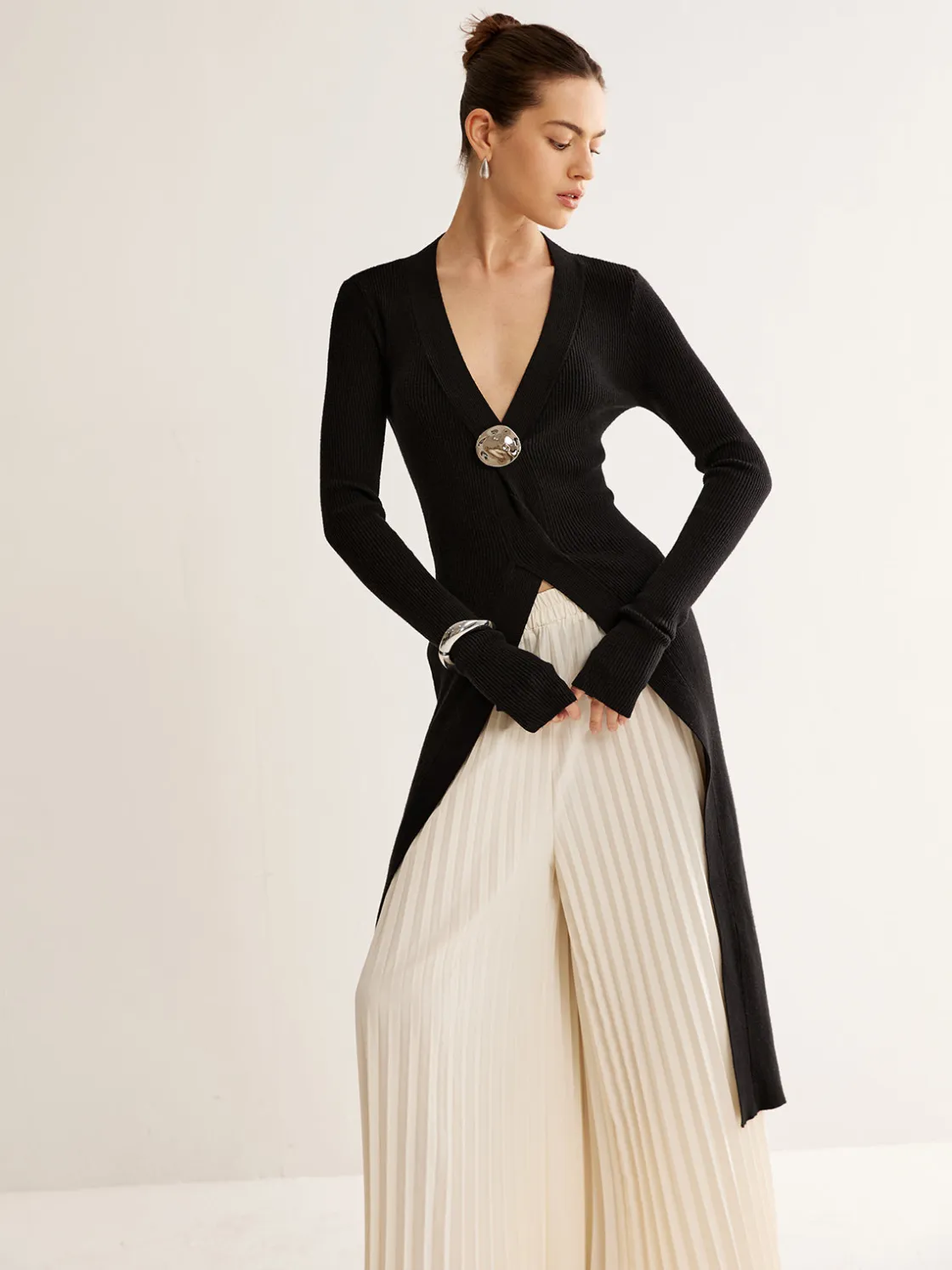 COMMENSE Metal Decor Split Knit Long Top* Sweater Tops|Sweaters & Cardigans