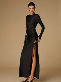 COMMENSE Metal Decor Split Pleated Long Dress* Black Dresses|Cocktail & Party Dresses