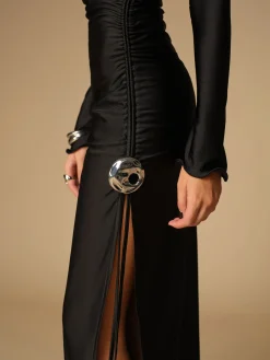 COMMENSE Metal Decor Split Pleated Long Dress* Black Dresses|Cocktail & Party Dresses