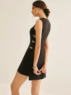 COMMENSE Metal Detail Split Slim Tank Dress* Black Dresses|Casual Dresses