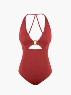 COMMENSE Metal Ring Cutout Halter One Piece Swimsuit* Swimwear|Tops