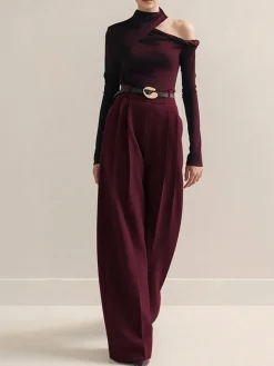 COMMENSE Metal-Belt Pleated High-Waist Pants* Pants|Matching Sets