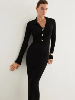 COMMENSE Metal-Button Bell-Sleeve Sweater Long Dress* Black Dresses|Sweater Dresses