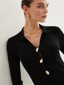 COMMENSE Metal-Button Bell-Sleeve Sweater Long Dress* Black Dresses|Sweater Dresses