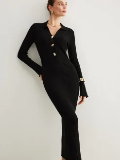 COMMENSE Metal-Button Bell-Sleeve Sweater Long Dress* Black Dresses|Sweater Dresses