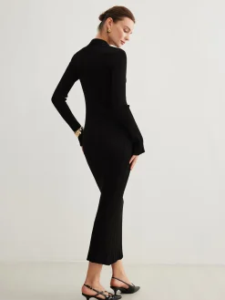 COMMENSE Metal-Button Bell-Sleeve Sweater Long Dress* Black Dresses|Sweater Dresses