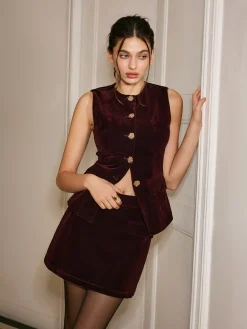 COMMENSE Metal-Button Velvet Cinched Vest* Outerwear|Vests
