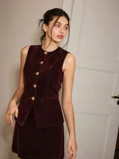 COMMENSE Metal-Button Velvet Cinched Vest* Outerwear|Vests