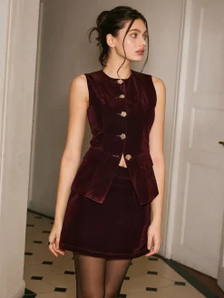 COMMENSE Metal-Button Velvet Cinched Vest* Outerwear|Vests