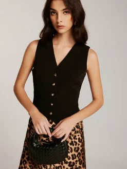 COMMENSE Metal-Button Vest With Leopard Zipper Skirt Set* Skirt Sets|Long Sleeve Sets