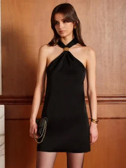 COMMENSE Metal-Decor Pleated Zipper Dress* Black Dresses|Casual Dresses