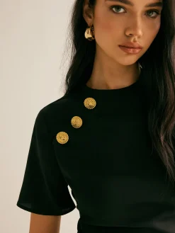 COMMENSE Metal-Decor Side-Split Dress* Black Dresses|Casual Dresses