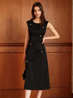 COMMENSE Metal-Detail Backless Pleated Tank Dress* Black Dresses|Casual Dresses