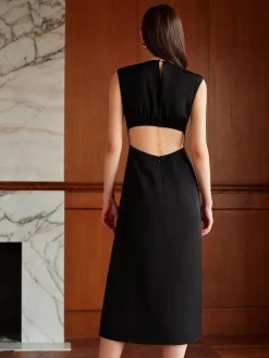 COMMENSE Metal-Detail Backless Pleated Tank Dress* Black Dresses|Casual Dresses